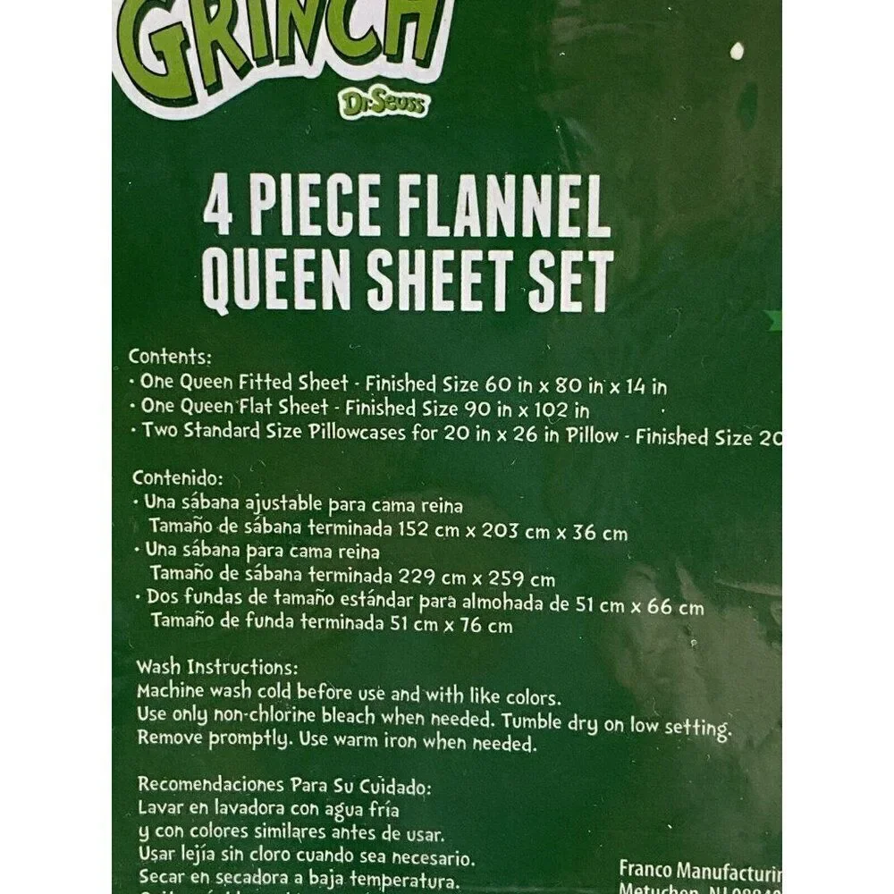 4 Pc Dr. Seuss The Grinch QUEEN Size Cotton Flannel Sheet Set Christmas Soft NEW
